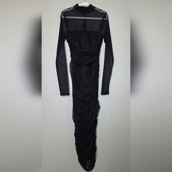 Lulus Impressive Flirt Black Mesh Ruched Mock Neck Midi Dress XXS - Picture 4 of 11
